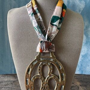 Floral Print Silk Scarf Necklace with Brass Horseshoe Pendant
